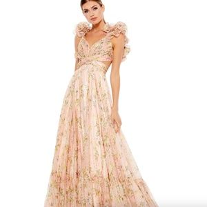 Ieena for Mac Duggal Ruffle Shoulder Gown in Pink Multi Size 4